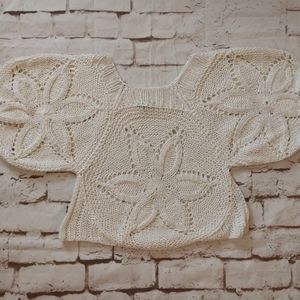 Chaundry KC Cropped Open Knit Crocheted Sweater Puff Sleeve Cottage Core Ivory.